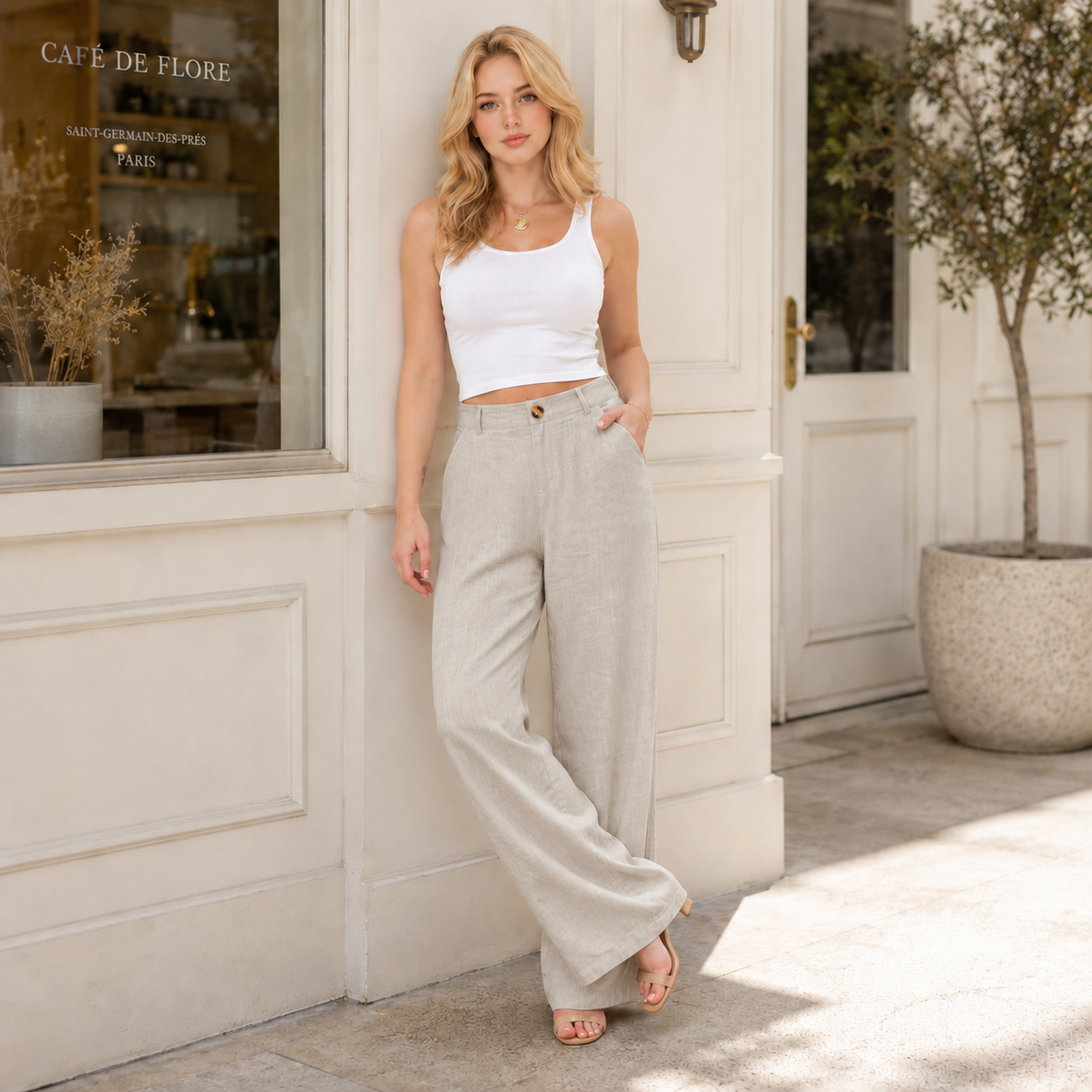 Luminouswand Women's High-Waisted Wide Leg Linen Pants - Casual Beach Trousers