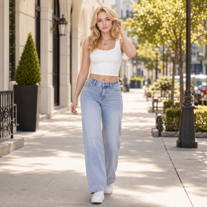 Luminouswand Women's High-Waisted Wide Leg Jeans - Stretch Denim with Pockets