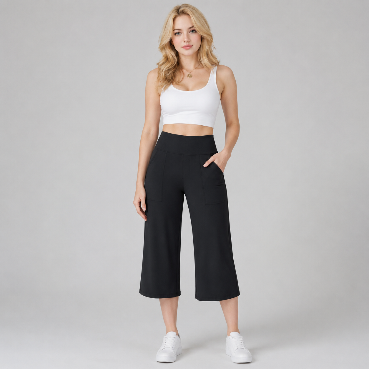 Luminouswand Women's High-Waisted Wide Leg Yoga Pants - Cropped Capri with Pockets - Athleisure