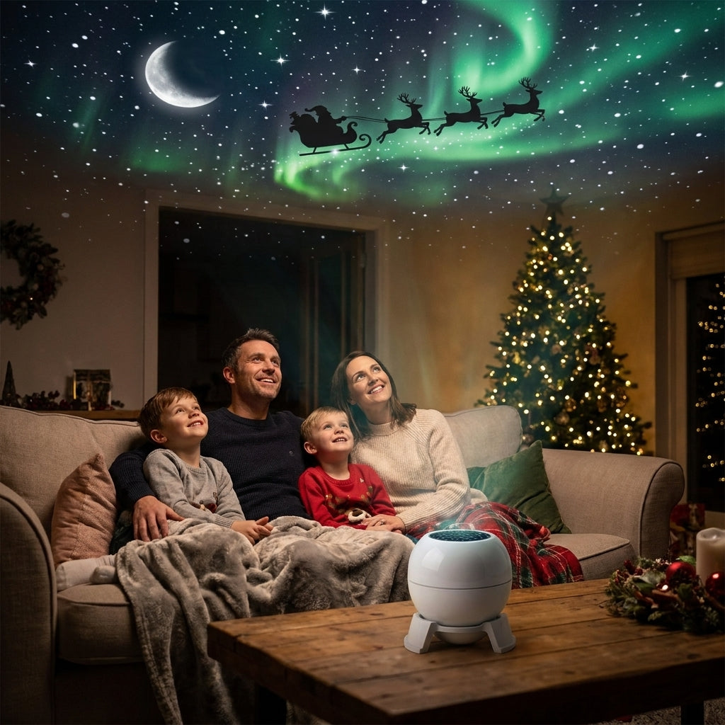 Family relaxing under a Christmas sky projected on the ceiling by the projector