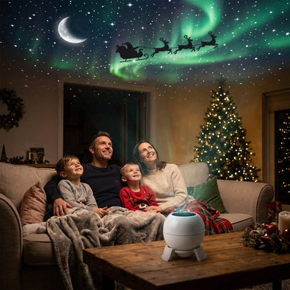 Family relaxing under a Christmas sky projected on the ceiling by the projector