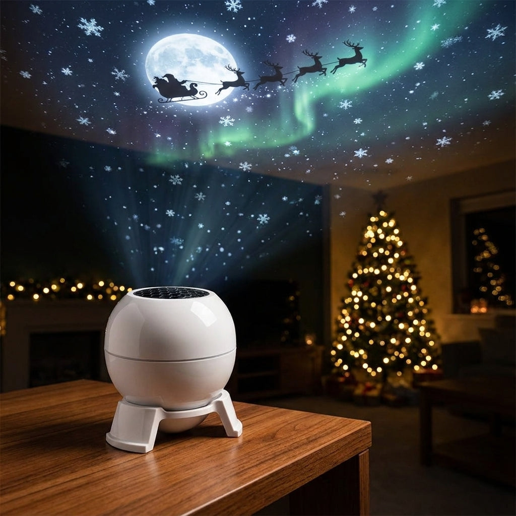 Christmas ceiling projector casting a starry night sky with moon and Santa's sleigh across a cozy living room