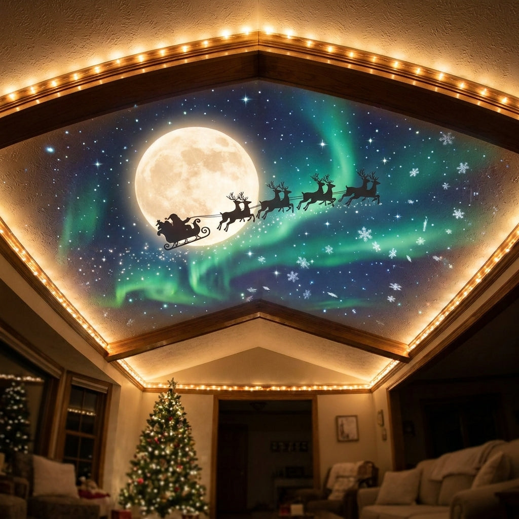 Living room ceiling transformed into a magical Christmas night sky with aurora and snow