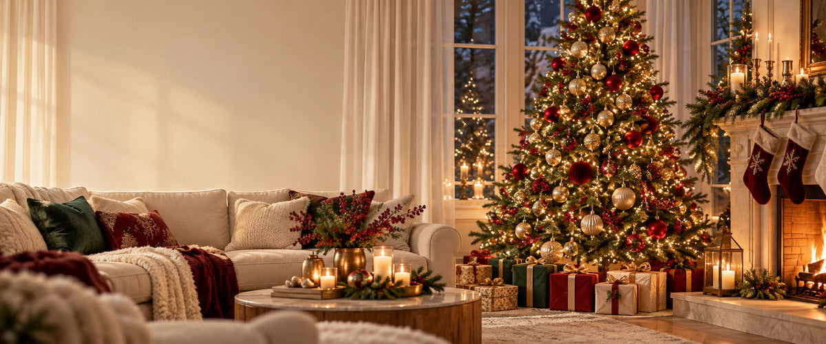 Christmas living room with a decorated tree and glowing fireplace