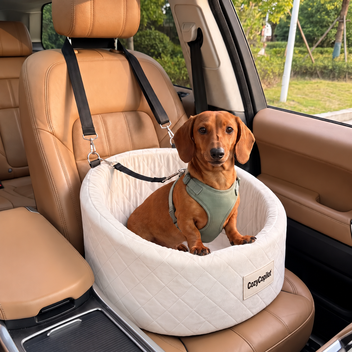 Dog riding happily in the elevated car seat