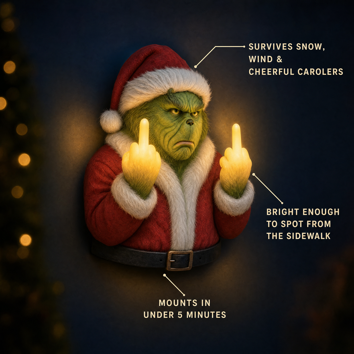 Grumpy green Christmas light features