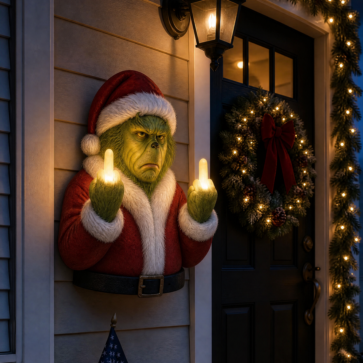 Grumpy green middle finger Christmas light on porch