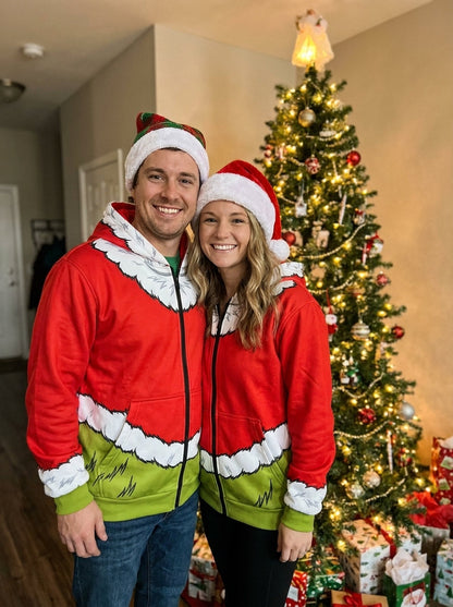 Couple in matching monster hoodies