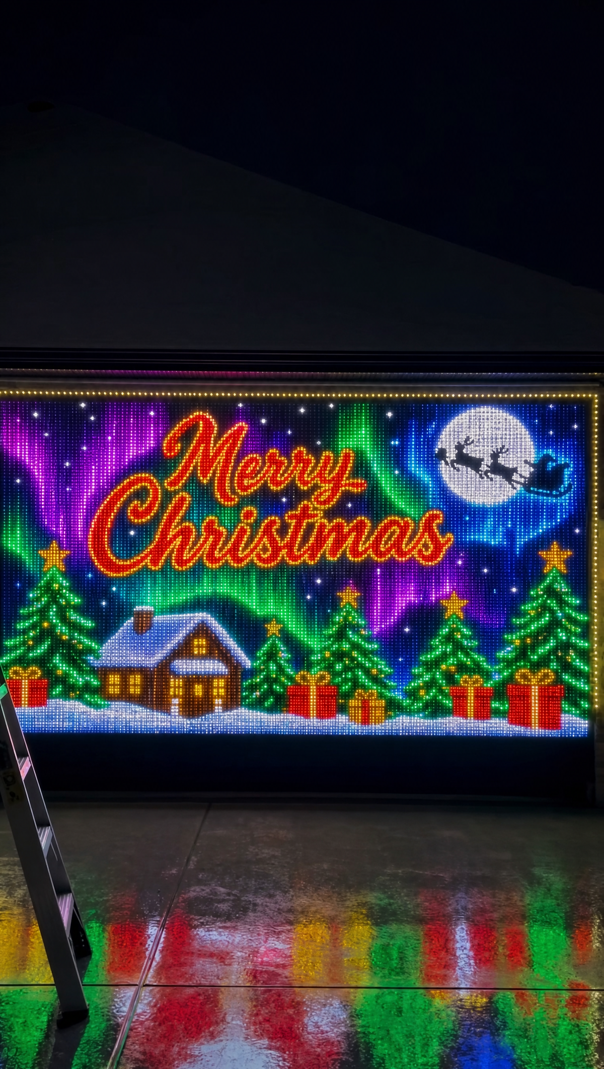 LED light curtain aurora Christmas scene on garage