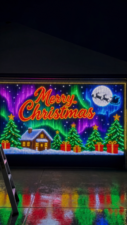 LED light curtain aurora Christmas scene on garage