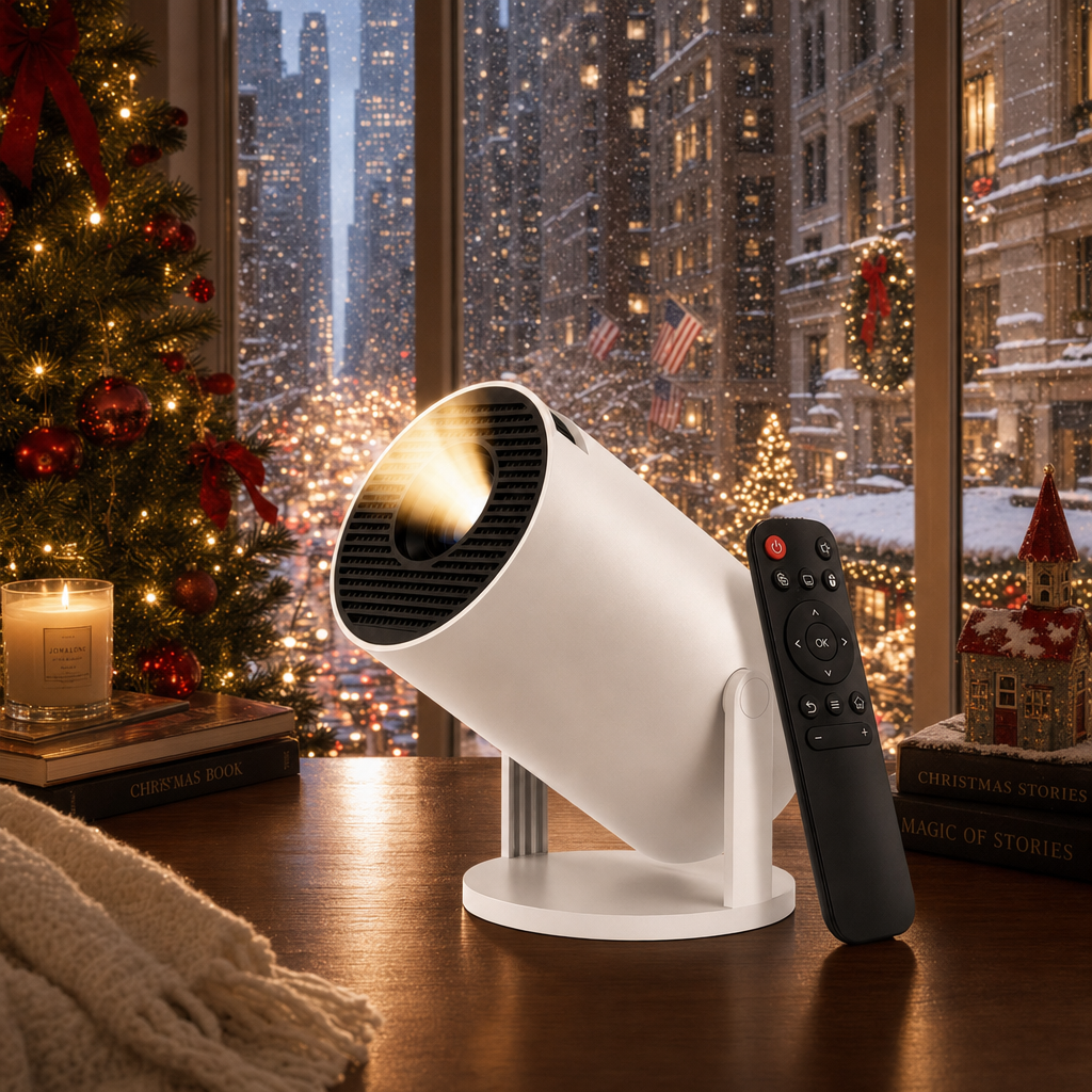 Portable Christmas projector on a table