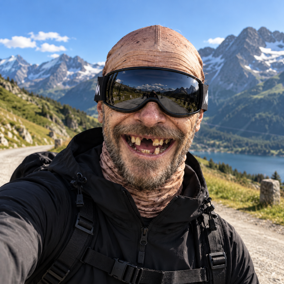 Person wearing a funny knit ski mask